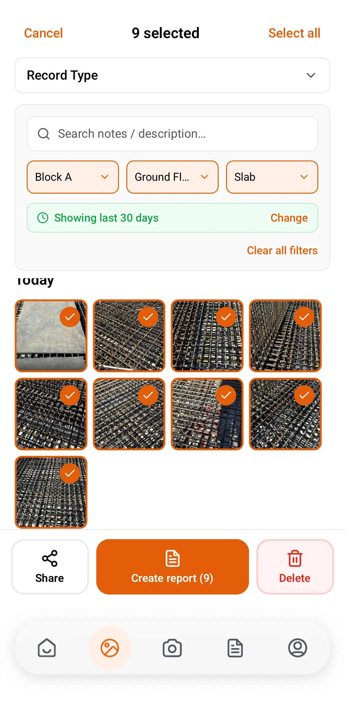 The Thanex photos tab filtered to Block A, Ground Floor and Slab, with nine photos from today selected and a Create report button.