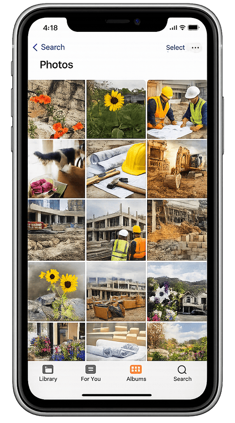 A personal phone photo gallery — work photos lost in a sea of sunflowers, plants, and personal photos