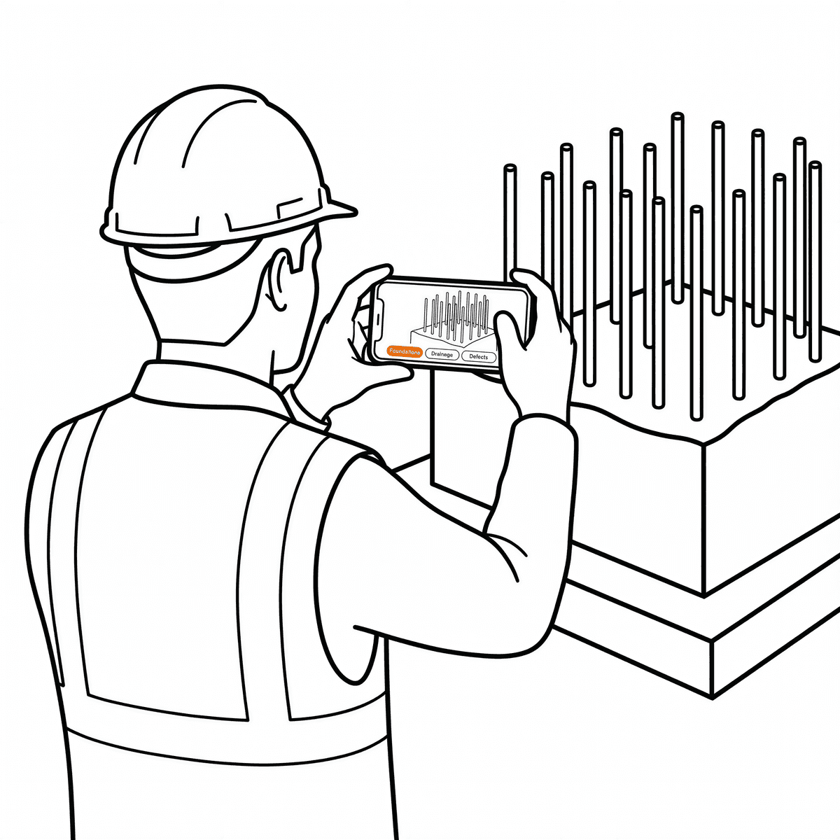 A construction worker photographing rebar with the Thanex work camera. The phone shows the same scene with Photo Type selector.