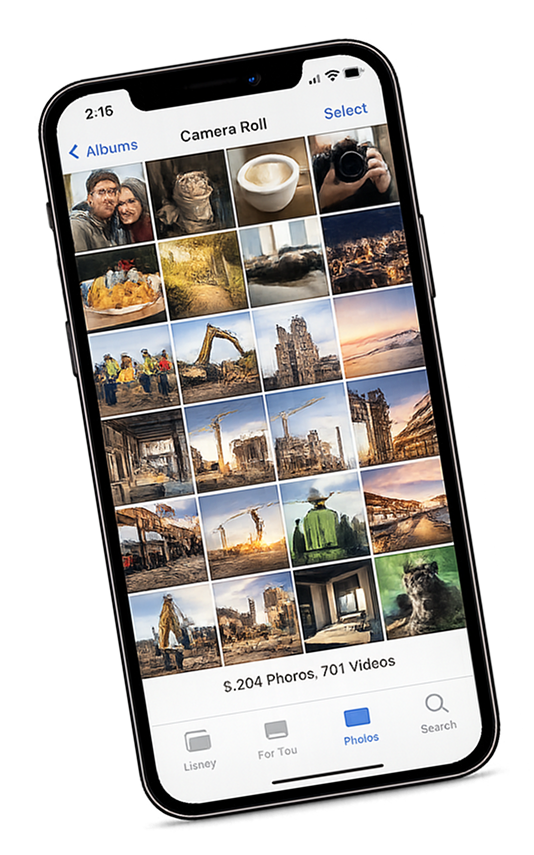 A phone showing a chaotic camera roll mixing personal and work photos