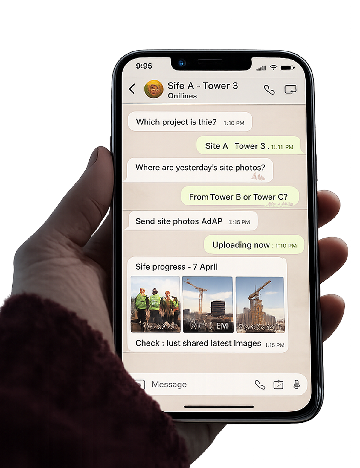 A messaging app where the boss is asking for site photos that nobody can find